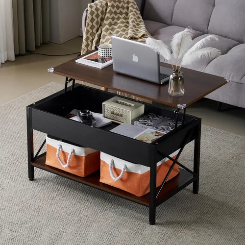Miniatura 10 de VINGLI Mesa de centro elevable de 36" con contenedores de almacenamiento de tela gratis, mesas de centro negras rústicas de granja para sala