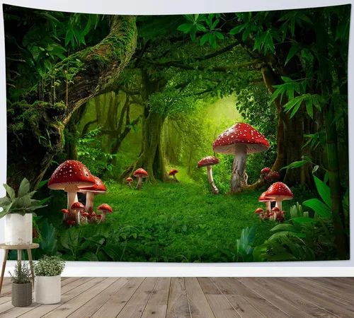Miniatura 16 de HVEST Tapiz retro rojo de hongos para colgar en la pared, diseño floral rosa con fresa y mariposa en beige, tapiz para dormitorio, flores, plantas