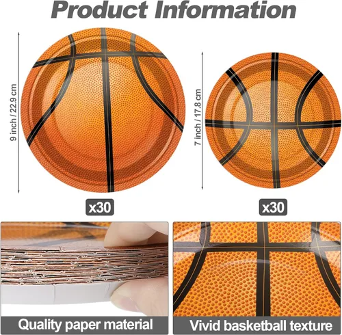 Miniatura 2 de durony 60 platos de papel de baloncesto desechables para fiestas de 7 pulgadas y 9 pulgadas, platos de postre para decoración de fiestas
