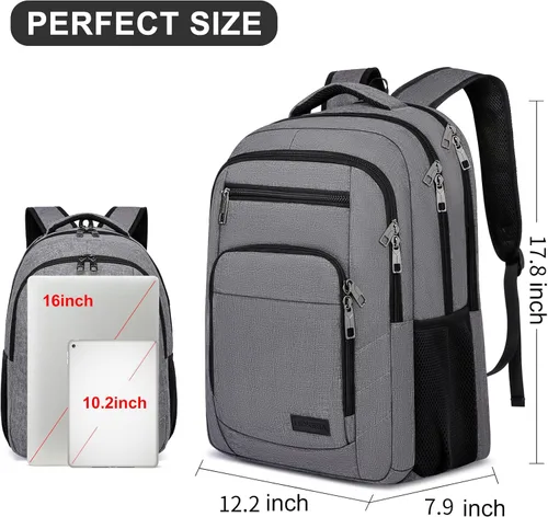 Miniatura 3 de Mochila escolar, mochila grande para adolescentes y niños, mochila delgada para laptop de negocios con puerto de carga USB, bolsa de libros de Gris