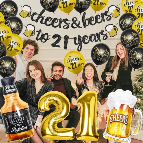 Miniatura 6 de 21st Birthday Anniversary Decorations for Men Women (Black Gold) Gold Foil Balloon, Cheers Cup Foil Balloon for Wedding Anniversary Party Supplies