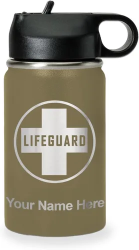 Miniatura 23 de LaserGram Botella de agua personalizada, salvavidas, acero inoxidable de doble pared aislada al vacío con popote superior, regalo grabado Negro