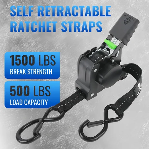Miniatura 4 de Paquete de 4 correas retráctiles de trinquete, resistencia a la rotura de 1.500 libras, 1 pulgada x 10 pies, correas de amarre retráctiles