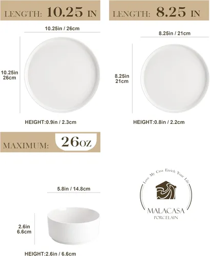 Miniatura 2 de MALACASA Juego de vajilla de porcelana de 12 piezas, moderno juego de platos blancos para 4, juegos de platos y cuencos de primera calidad