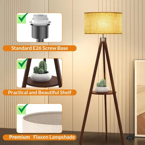 Miniatura 3 de LEPOWER Lámpara de pie con trípode, lámpara de pie de madera de mediados de siglo, lámpara de pie con diseño moderno y estante para sala de estar