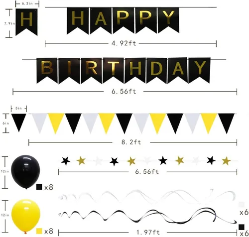 Miniatura 5 de Decoración de fiesta de color amarillo y negro – Cartel de feliz cumpleaños con globos, banderines triangulares, espirales colgantes, abanicos