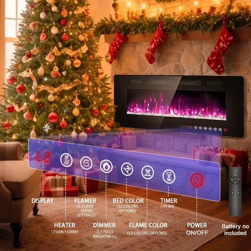 Miniatura 5 de BREEZEHEAT Chimenea eléctrica ultrafina de 50 pulgadas, calentador de chimenea independiente o empotrado en la pared, control remoto, pantalla