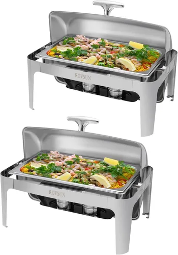 Miniatura 3 de ROVSUN Juego de 3 platos de bufé con tapa enrollable, 9 cuartos de galón de tamaño completo, juego rectangular de acero inoxidable NSF para bodas