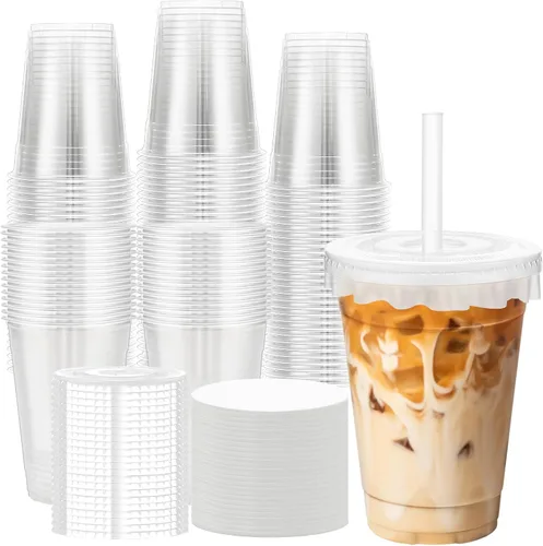 Miniatura 8 de Paquete de 100 vasos de plástico de 20 onzas con tapas y pajitas, tazas de café desechables para café helado, bebidas frías, batidos y batidos