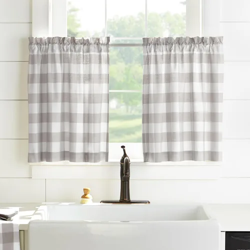 Elrene Home Fashions Farmhouse Living Buffalo-Check Juego de cortinas de dos niveles para baño o cocina, 30" x 24" (Juego de 2 niveles), Gris/Blanco