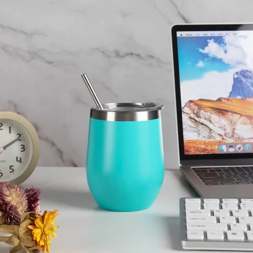Miniatura 6 de Vaso de vino aislado de 12 oz con tapa y pajita, vaso de vino de acero inoxidable sin tallo, vaso de vino de doble pared al vacío para café, Verde