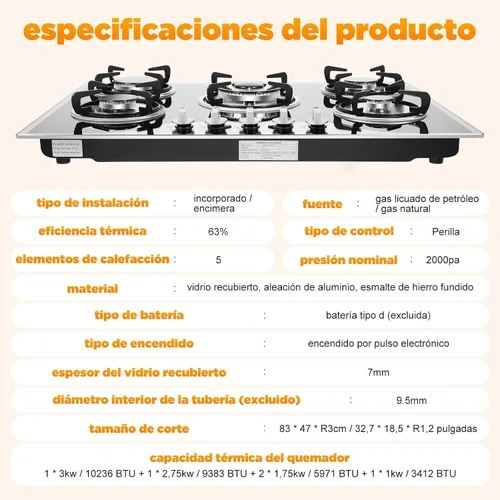 Miniatura 8 de Estufa de gas de 5 quemadores, encimera de acero inoxidable integrada de 30 pulgadas, encimera de acero inoxidable integrada con protección