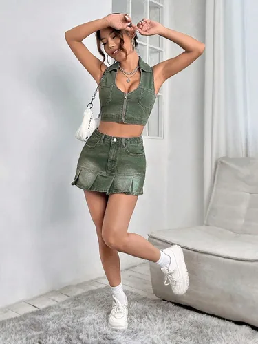 Miniatura 5 de WDIRARA Camiseta sin mangas con cuello redondo y bolsillos parcheados para mujer