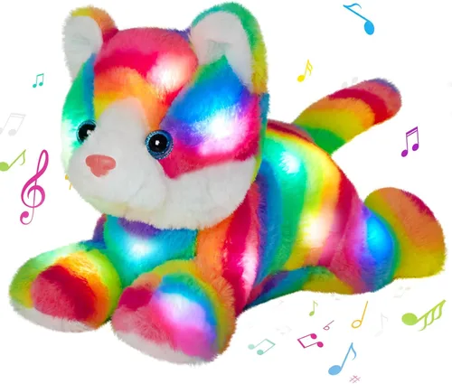 Glow Guards Peluche Musical de Gato Arcoíris Luminoso de 13 pulgadas, Juguete de Peluche de Gatito Cantante con Luz Nocturna LED que Brilla en la