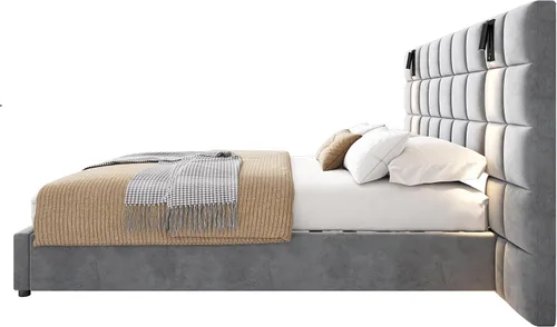 Miniatura 6 de Base de cama tamaño King con cabecero de 46 pulgadas de alto, plataforma tapizada de terciopelo, cabecera de tela suave copetuda, lámparas