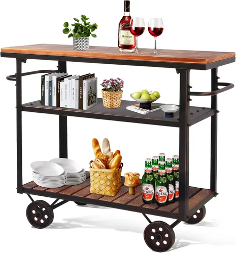 Topower Carrito de bar industrial, carrito de servicio con ruedas y asa, carrito de metal para bebidas de 3 niveles con bandeja extraíble y estantes