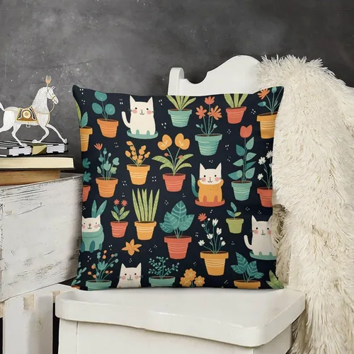 Fundas de almohada de 16 x 16 pulgadas, plantas y gatos en macetas, fundas cuadradas decorativas, decoración del hogar, cojines de gato vintage,