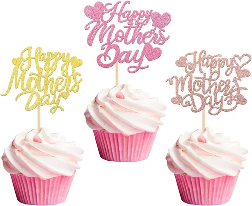Miniatura 9 de Rsstarxi Paquete de 30 adornos dorados para cupcakes para el Día de la Madre con purpurina para el Día de la Madre, la mejor mamá del mundo