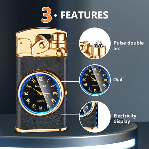 Miniatura 3 de SKRFIRE Encendedor eléctrico de arco eléctrico de plasma, encendedores a prueba de viento, encendedor de metal, luminoso, esfera de reloj real