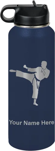 Miniatura 56 de Botella de agua personalizada LaserGram, Karate Man, de acero inoxidable con doble pared aislada al vacío con tapa abatible, regalo personalizado