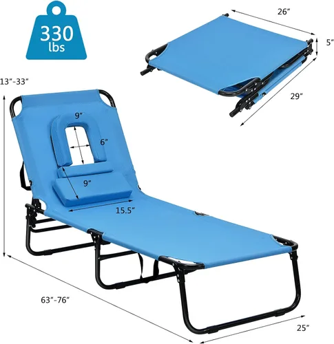 Miniatura 9 de Sillón plegable de playa con 5 respaldos ajustables y almohada acolchada, tumbona para tomar el sol, silla plana de bronceado para cubierta de Azul
