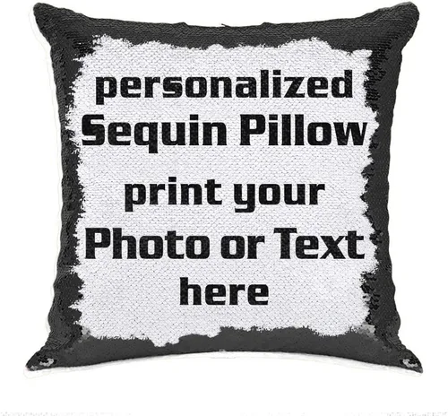 Funda de almohada con lentejuelas para fotos/texto, imagen oculta, regalo personalizado único para amigos, familia, mascotas, lentejuelas negras