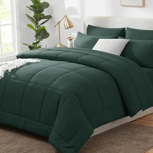 Miniatura 10 de CozyLux Juego de edredón tamaño King, color verde oliva, 7 piezas en una bolsa, edredón verde tamaño King, juegos de ropa de cama para todas