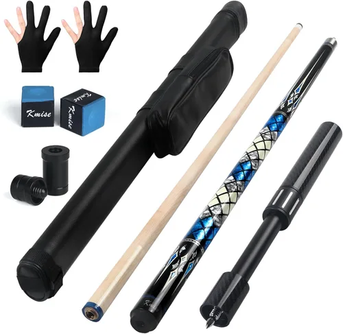 Kmise Professional Pool Cue Stick, 18 19 20oz Canadian Maple Cue Sticks, Low Deflection Shaft with Telescopic Carbon Fiber Extension Cue-Grid Azul