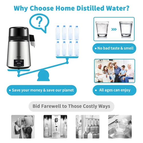 Miniatura 5 de VEVOR Destilador de agua de 1.1 galones, 0.4 galones/h, máquina purificadora de agua destilada 1750W con temporizador de 0-99H, pantalla de Plateado