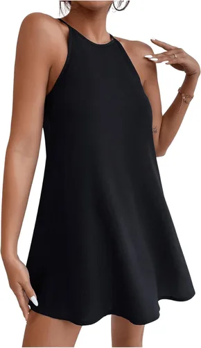Miniatura 4 de SHENHE Minivestido casual sin mangas con cuello halter acampanado y acampanado para mujer