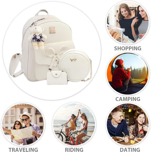Miniatura 7 de K.E.J. Mini mochila de cuero Bowknot de 3 piezas, linda mochila pequeña para mujer, Beige, Mochilas Daypack