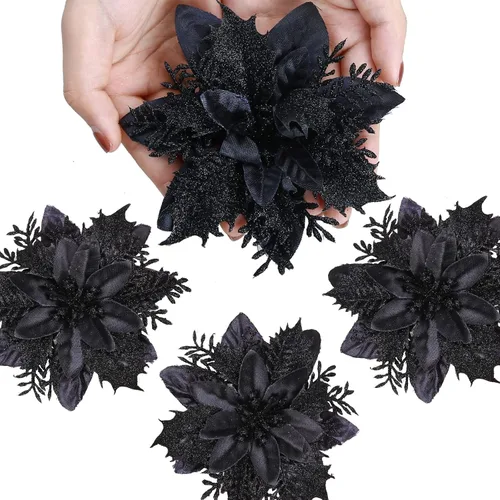 Miniatura 2 de GREENTIME 12 flores de pascua artificiales con purpurina de 5.5 pulgadas, tallos de Navidad, adornos para árbol de Navidad para fiesta de Año Nuevo