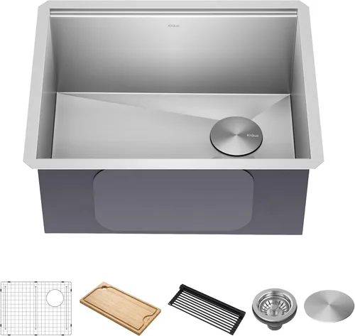 KRAUS KWU111-23 Kore - Fregadero de cocina con estación de trabajo de 23 pulgadas, para empotrar, cuenco individual, de acero inoxidable calibre 16,