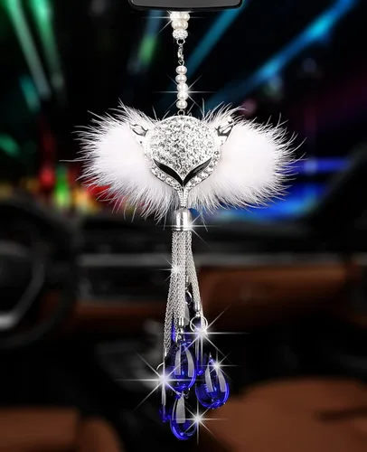 Glamorosa decoración colgante de espejo de coche con cabeza de zorro azul oscuro, adorno de automóvil con temática animal para mujeres y hombres,