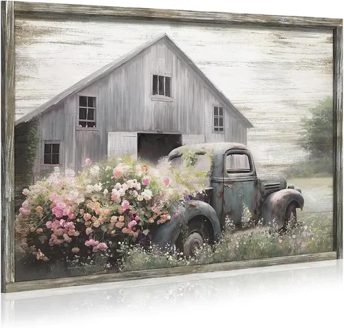 Miniatura 9 de Arte de pared de madera enmarcada de granja: arte de camión viejo rústico pintura de madera de granero para dormitorio