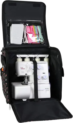 Miniatura 6 de Everything Mary Bolsa para máquina de serger rodante, funda de transporte floral negra para máquinas Overlock, compatible con Brother, Singer