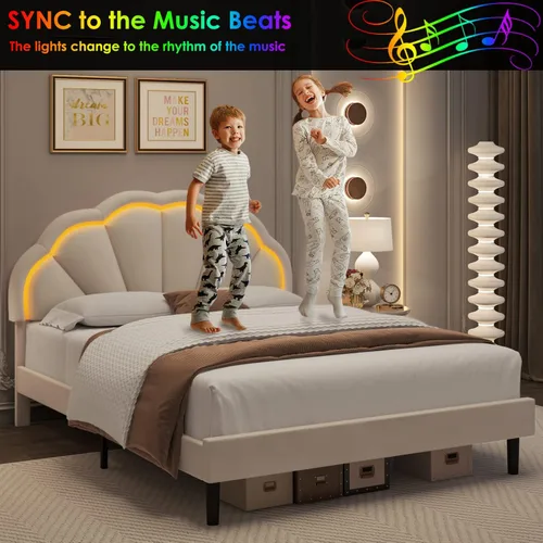 Miniatura 3 de HIFIT Marco de cama LED inteligente tapizado completo con cabecera ajustable de pétalos elegantes, marcos de cama de plataforma de tamaño completo