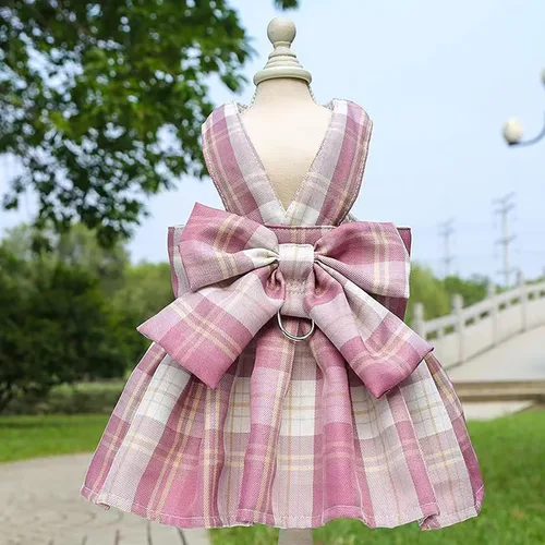 Miniatura 8 de PETCARE Vestido de perro a cuadros con pajarita y arnés para perros pequeños, gatos, niñas, lindos vestidos de princesa para perro, primavera, Rosa