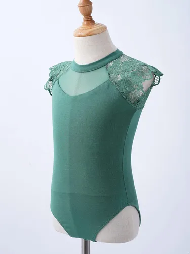 Miniatura 4 de Leotardo de algodón de una pieza para niñas, de encaje, con volantes, manga con volantes, para gimnasia, ballet y danza, verde ( Bean Green )
