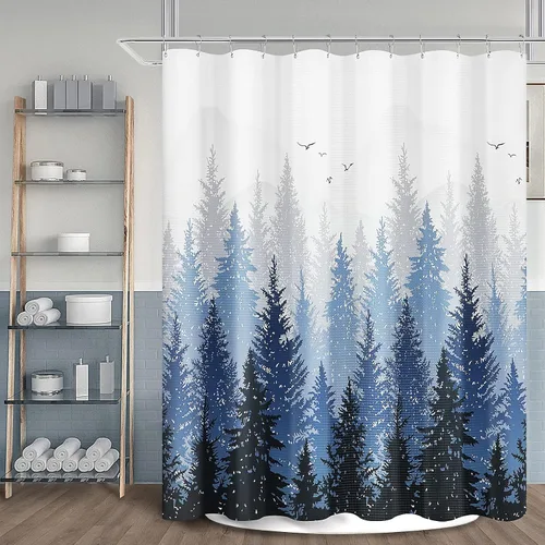 Miniatura 6 de Hokibero Cortinas de Ducha de Tela con Diseño de Bosque Brumoso Azul, Montaña, Naturaleza, Árbol para Baño, Impermeables, Resistentes, Azul Marino