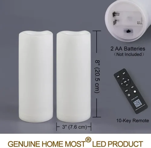 Miniatura 7 de Paquete de 2 velas LED blancas para exteriores de 3 x 8 pulgadas, sin perfume, IP65, impermeable, funciona con pilas, pilar sin llama con control
