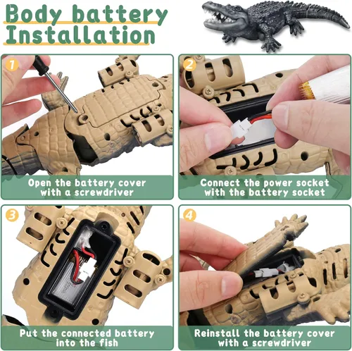 Miniatura 6 de GearRoot Juguete de barco de cocodrilo a control remoto, escala 1:18, cocodrilo RC de alta simulación para piscina, baño, gran regalo, barco a Negro