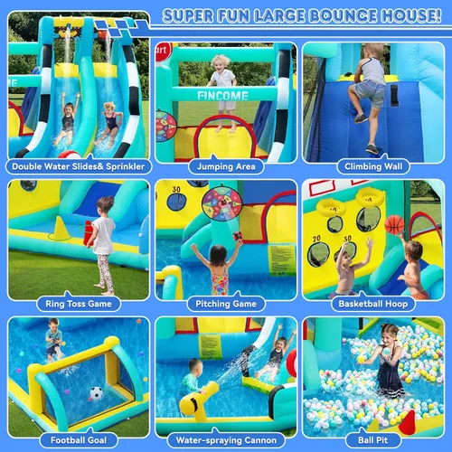 Miniatura 2 de FINCOME Bounce House - Tobogán doble para niños de 3 a 10 años, castillo de rebote grande con soplador de aire de 550 W, piscina, salto, escalada