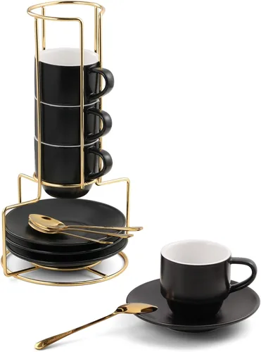 Lareina Juego de 4 tazas de café espresso de 3 onzas, pequeñas tazas de café apilables con platillos, cucharas y soporte de metal, tazas de cerámica