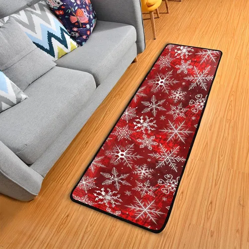 Alfombra de pasillo de Navidad, patrón rojo con copos de nieve, alfombra de corredor de flores, alfombra antideslizante para cocina, alfombra de
