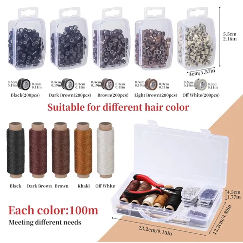 Miniatura 2 de Kit de herramientas de extensión de cabello, 5 colores, 1000 piezas de micro anillos de silicona con extensión de cabello, alicates para quitar