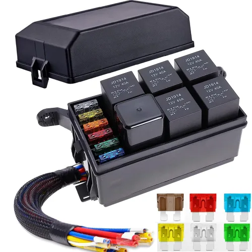 Gebildet Caja de fusibles y relés de 12 V con 5 pines JD1914 40A relé y 1 relé de 4 pines 6 fusibles ATC/ATO, caja de relé de fusibles impermeable