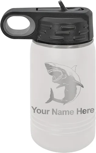 Miniatura 11 de LaserGram Botella de agua personalizada, gran tiburón blanco, acero inoxidable de doble pared aislada al vacío con popote superior, regalo grabado