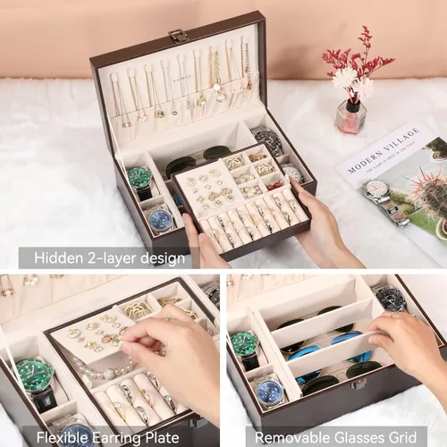 Miniatura 2 de LANDICI Joyero organizador para mujeres y niñas estuche grande de 2 capas para hombres con bandeja extraíble soporte de almacenamiento de joyas