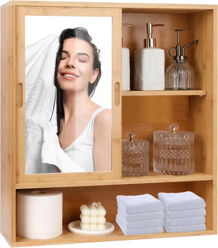 ZYBT Gabinete de Baño de Bambú, Gabinetes de Medicina con Espejo, Gabinete de Baño Montado en la Pared con Almacenamiento, Gabinetes de Medicina con
